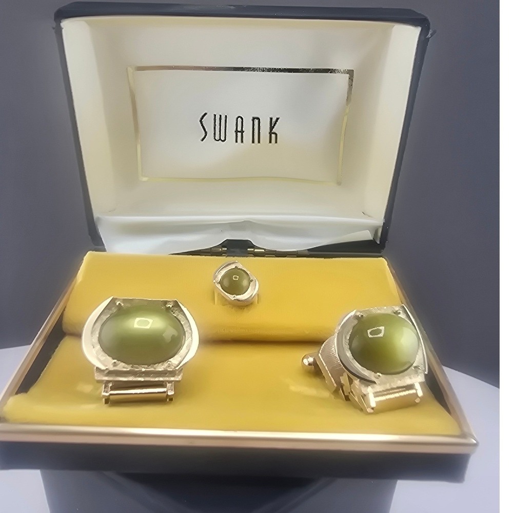 Vintage Swank Estate Cufflinks Tie Tack Set Green Moon Glow Boxed